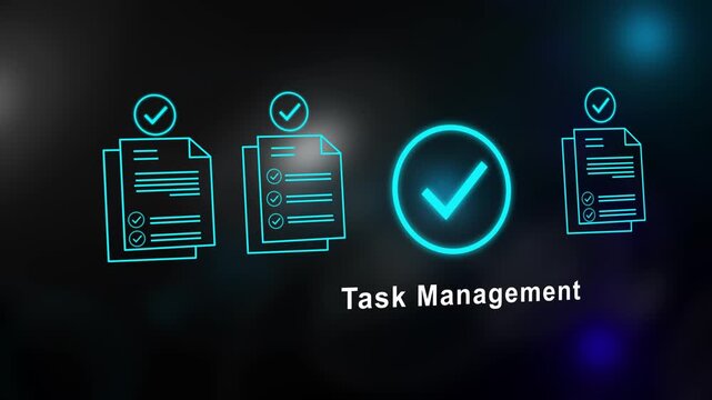 Futuristic Task Management Animation Highlighting Efficient Digital Workflow Progress Tracking System with Neon Checklist Icons and Quality Assurance Verification