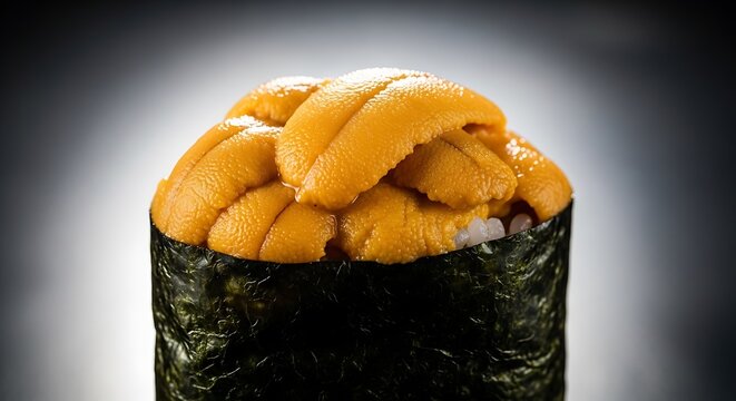 Close-up of Fresh Sea Urchin Uni Sushi Gunkan Wrapped in Crispy Nori Seaweed Served on a Dark Background for Fine Dining Gourmet Presentation