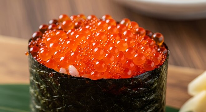 Close up macro shot of fresh salmon roe sushi gunkan maki featuring glossy orange fish eggs wrapped in crispy nori seaweed on a wooden serving board