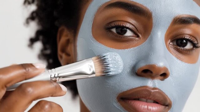 Close-up of a beautiful young Black woman applying a hydrating blue clay facial mask with a cosmetic brush for skin care and wellness.
