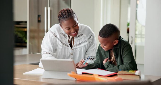 Smile, elearning and tablet with mother and black child in home for writing, education and support. Project help, notebook and online course with woman and kid in family house for math assignment