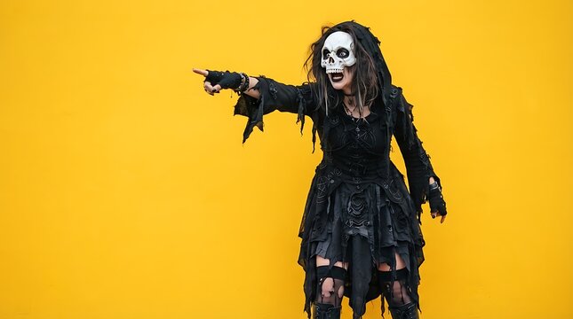 Creepy person in halloween skeleton skull mask and black hooded outfit pointing finger to side.