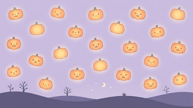 Cute pattern with glowing jack o lantern pumpkins on light purple background for halloween celebration.