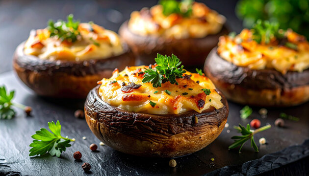 Creamy baked mushroom julienne with golden crust in fine dining style