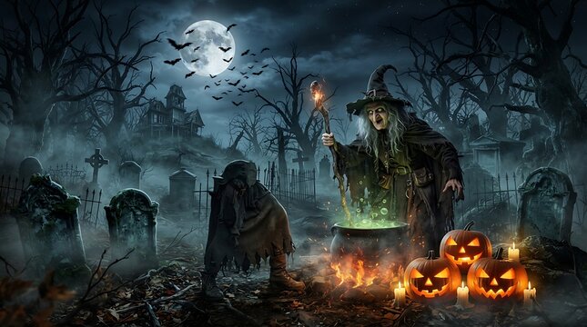 Old witch standing in scary graveyard at night stirring bubbling cauldron with magic staff.