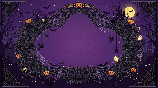 Halloween background frame with spider webs bats pumpkins and castle.