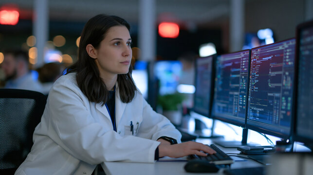 Focused Programmer: A determined female programmer in a lab coat works intently on multiple computer monitors displaying lines of code.