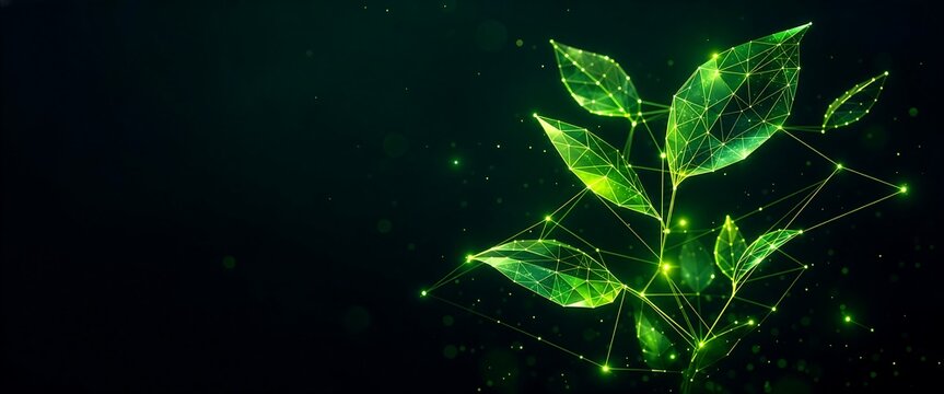 Digital plant with glowing green leaves and interconnected network on a dark background, representing nature and technology fusion.