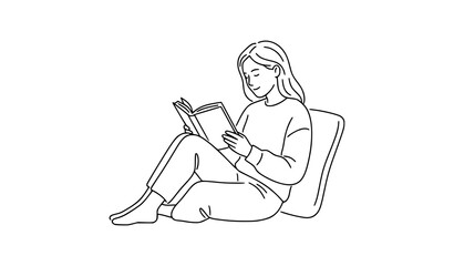 Continuous single line drawing of woman sitting comfortably reading a book with literature education relaxing