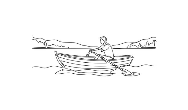 Continuous single line drawing of man rowing a small wooden boat on a lake with minimalist continuous illustration