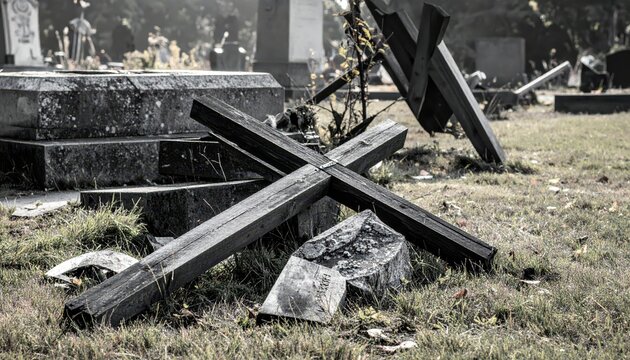 Weathered wooden crosses lie fallen in a neglected graveyard with tombstones in the background, conveying themes of decay and remembrance.