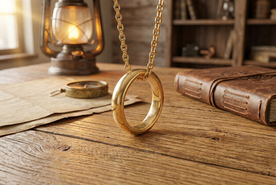 Gold ring on a chain hanging over wooden table with antique objects - Concept of Hobbit Day  