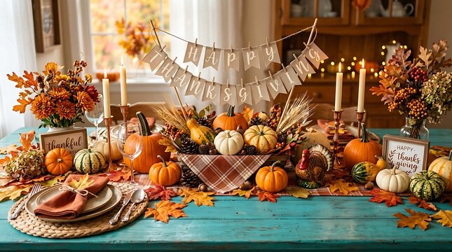A beautifully decorated thanksgiving table with a banner and autumn harvest elements.