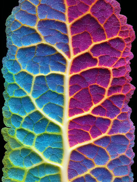 Vibrant Split Color Leaf with Glowing Veins on a Black Background