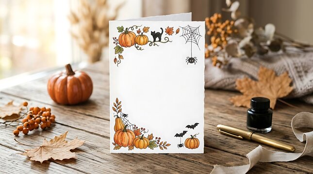 Blank paper card with pumpkin and spider web illustration for halloween party invitation.