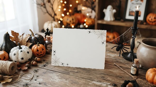 Empty greeting card with spider web and spider decorations on rustic wooden table with pumpkins.
