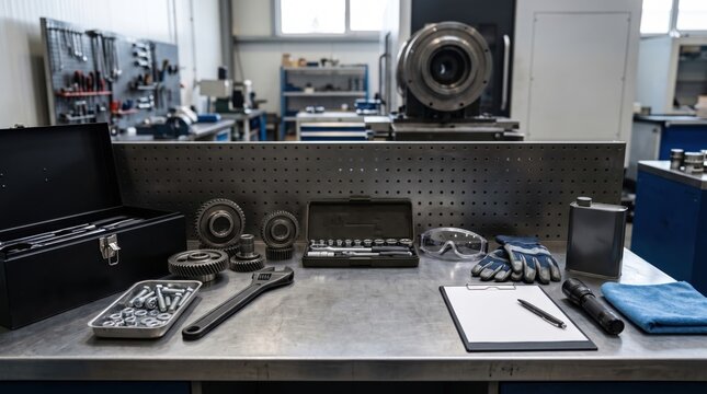 Professional metal workbench with various hand tools and equipment for labor day celebration of skilled trade workers