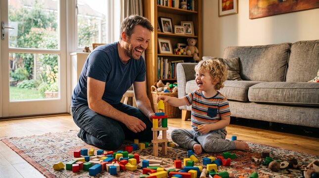 Father and son laughing while playing with colorful wooden blocks on a rug in a living room