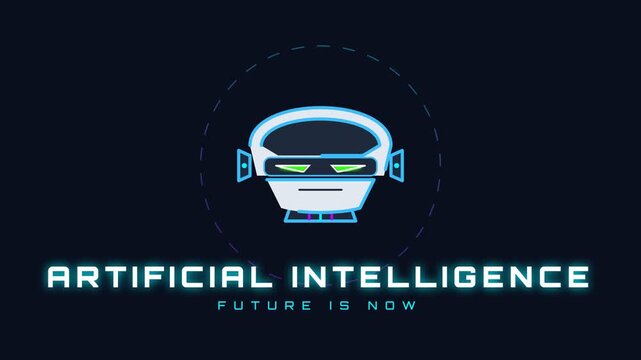 Flat 2D vector illustration of futuristic robot head icon representing artificial intelligence on dark background
