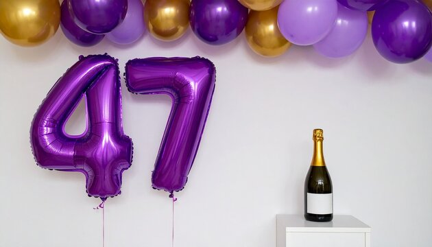 Number 47 Balloon with Champagne Bottle. Purple and Gold Theme for Birthday or Anniversary Celebration