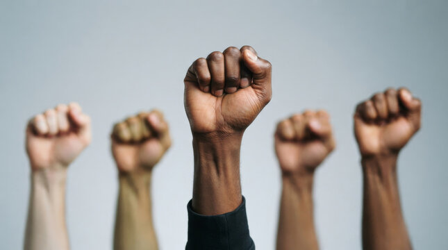 Raised fists of diverse people, multicultural group unity and protest concept, black power and human rights movement