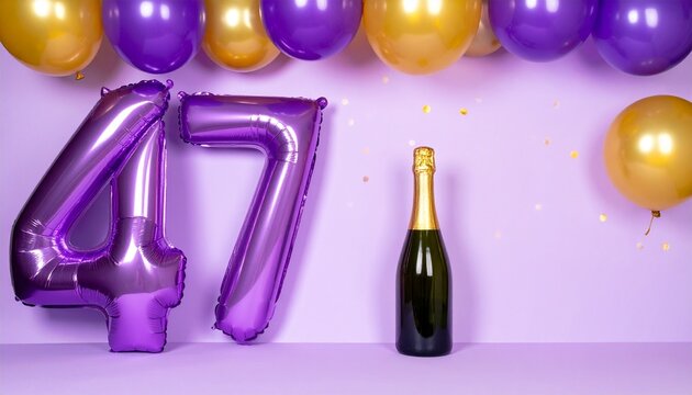 Number 47 Balloon with Champagne Bottle. Purple and Gold Theme for Birthday or Anniversary Celebration