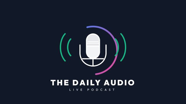 Modern audio podcast logo with a microphone vector illustration in flat style