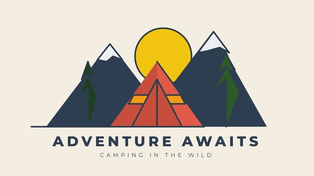Minimalist 2D Vector Adventure Camping Graphic Featuring Mountains Tent And Sunset Scenery Design For Nature Lovers And Outdoor Travel Enthusiasts