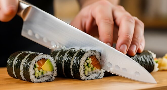 Close-up of a professional chef expertly slicing fresh salmon and avocado sushi rolls on a wooden cutting board in a kitchen