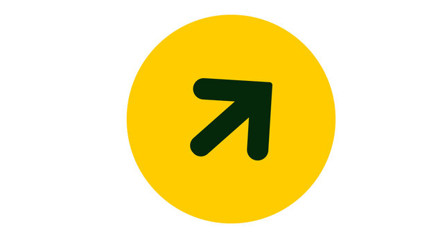 Diagonal upward pointing arrow inside yellow circle icon with diagonal navigation interface direction isolated webdesign application indicator wayfinding communication instruction