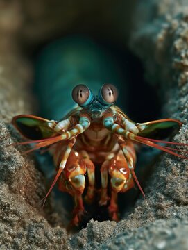 A stunning macro photograph capturing a mantis shrimp peering out from the entrance of its sand burrow in a natural marine environment.
