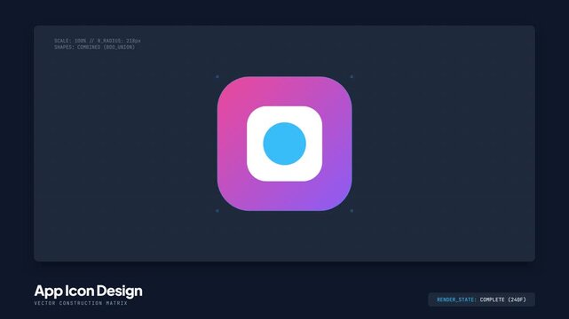 Minimalist 2D flat vector app icon design featuring a colorful gradient rounded square with a central circle on a dark background