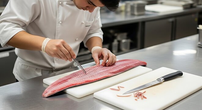 Professional Chef Carefully Preparing Fresh Raw Tuna Fillet for Sushi in a Clean Modern Restaurant Kitchen
