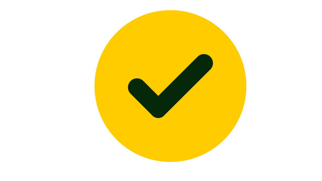 Black check mark inside yellow circle symbol for success or correct with verified approved positive validation completion isolated background finished confirmation minimalist checkbox
