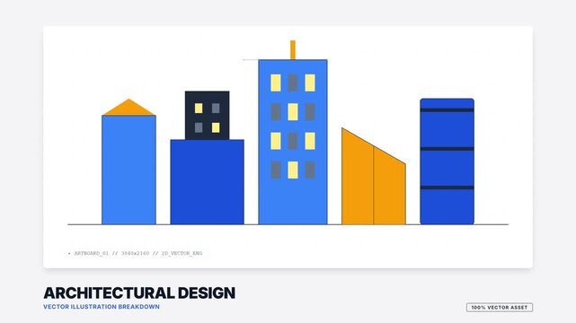 Modern architectural design featuring minimalist 2D flat vector illustration of colorful city buildings