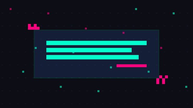 Flat 2D vector illustration design for digital interface motion graphics with teal text blocks and pink glitch pixel accents on a dark background