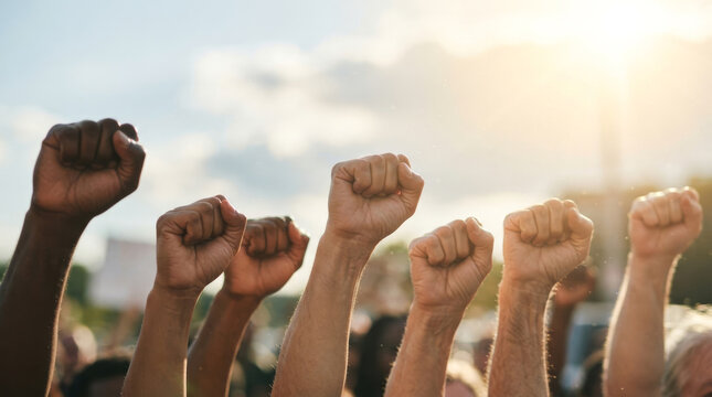 Raised fists of diverse people protesting outdoors, multiethnic crowd holding up clenched fists in solidarity, concept of human rights and social justice