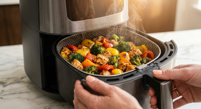 Air fryer basket filled with freshly cooked colorful vegetables like broccoli and peppers with chicken and rising steam