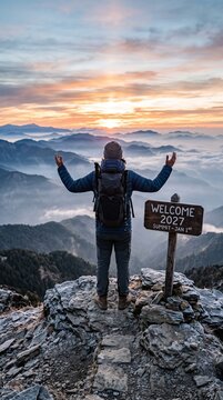 Hiker celebrates reaching mountain summit at sunrise with welcome 2027 sign