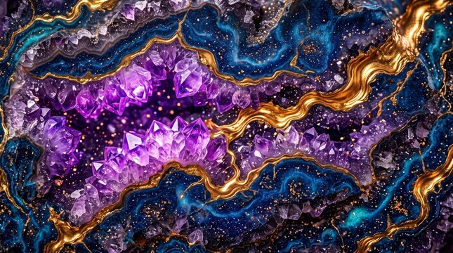 Abstract background with purple amethyst crystals, deep blue agate stone textures, and flowing liquid gold veins