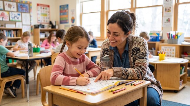 Supportive female educator smiling while guiding young schoolgirl through workbook exercises in cozy classroom environment filled with diverse learning materials.
