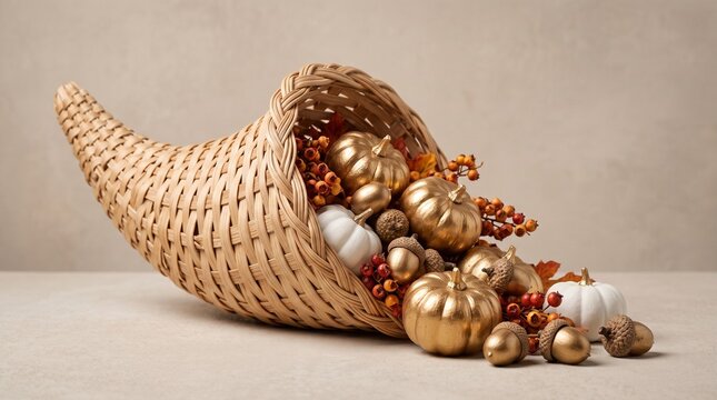Wicker cornucopia filled with golden pumpkins, white pumpkins, acorns, and autumn berries on a neutral background