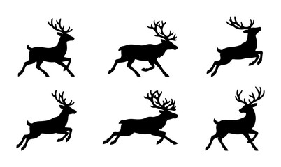 Fototapeta premium Reindeer Silhouette Set, Six Dynamic Poses, Festive Christmas Animal Vector Graphics