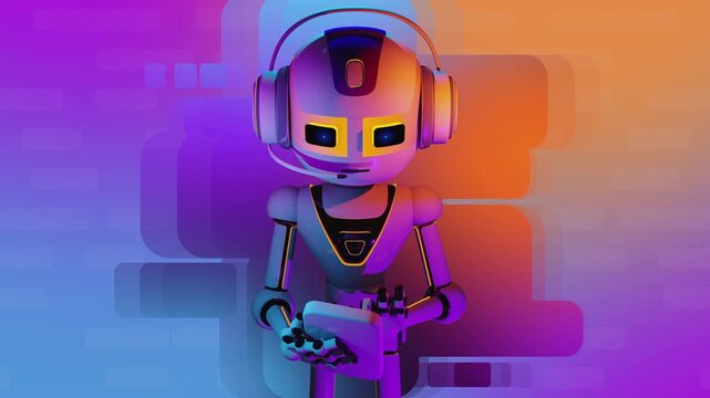 3d animation loop of a futuristic artificial intelligence operator with headset. Cybernetic robot interacting with tablet screen and UI overlay, representing automated support and telemetry systems.