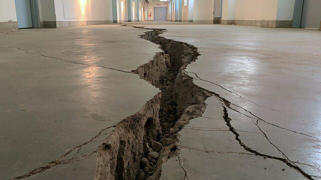 A wide, deep crack ruptures a concrete floor in a corridor. Symbolizes infrastructure damage or structural failure.