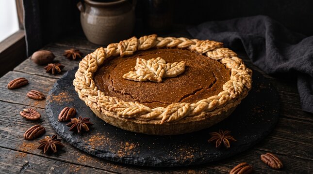 Delicious homemade pumpkin pie with decorative leaf crust on a rustic wooden table with pecans and star anise