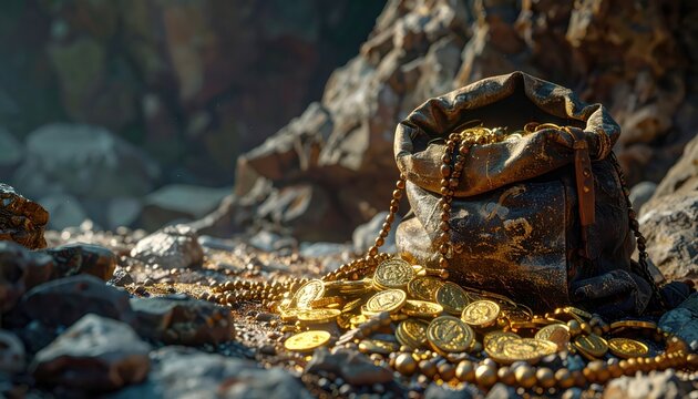 Treasure Chest Full of Gold Coins and Jewels in a Rough Rocky Environment, Abandoned Pirate Loot