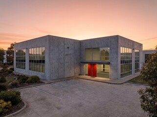 Naklejka premium Modern industrial concrete building with vibrant red entrance doors and large windows beneath a warm sunset sky
