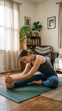 Woman practicing Janu Sirsasana yoga pose on a mat in a cozy living room with plants and books V&iacute;deo