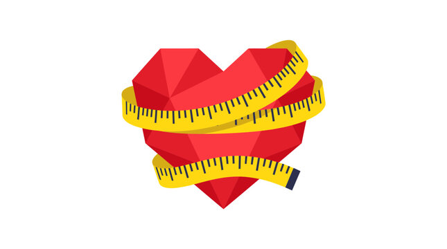 Low Poly Red Heart Wrapped in Yellow Measuring Tape for Weight Loss and Heart Health Concept Illustration